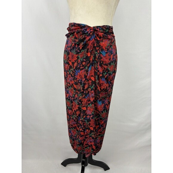Rag & Bone Amber Midi Skirt Black Bright Floral 2 Slit Wrap Waist Detail Lined - Picture 15 of 15